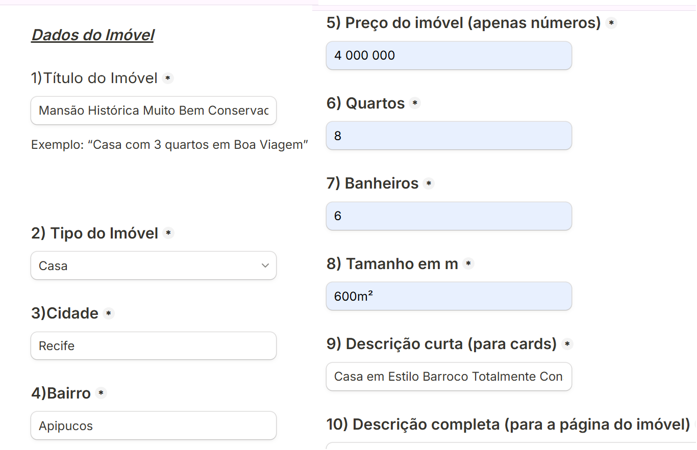 Prévia do formulário simples de cadastro de imóvel preenchido