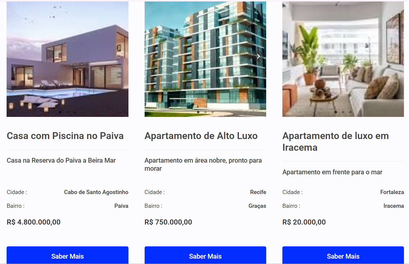 Prévia de imóveis publicados no site modelo para imobiliárias